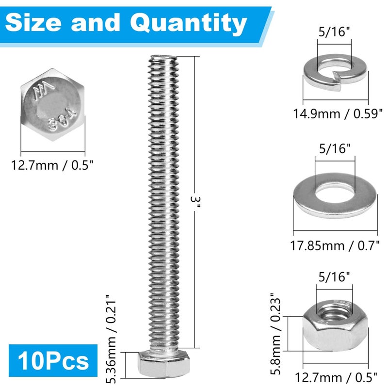 Yinpecly 10 Sets 5/16-18x3 Hex Head Screw Bolt, Nuts, Flat & Lock Washers, Stainless Steel 304, Machine Fully Thread Hex Bolts, Bright Finish Hexagon Bolt, Nuts and Bolts Assortment Kit - Image 2